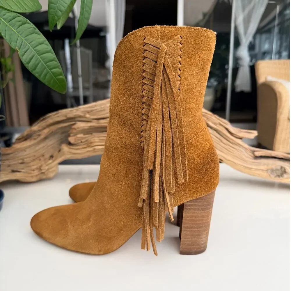 Charles by Charles David Brown Suede Fringe Block Heel Booties Size 8M